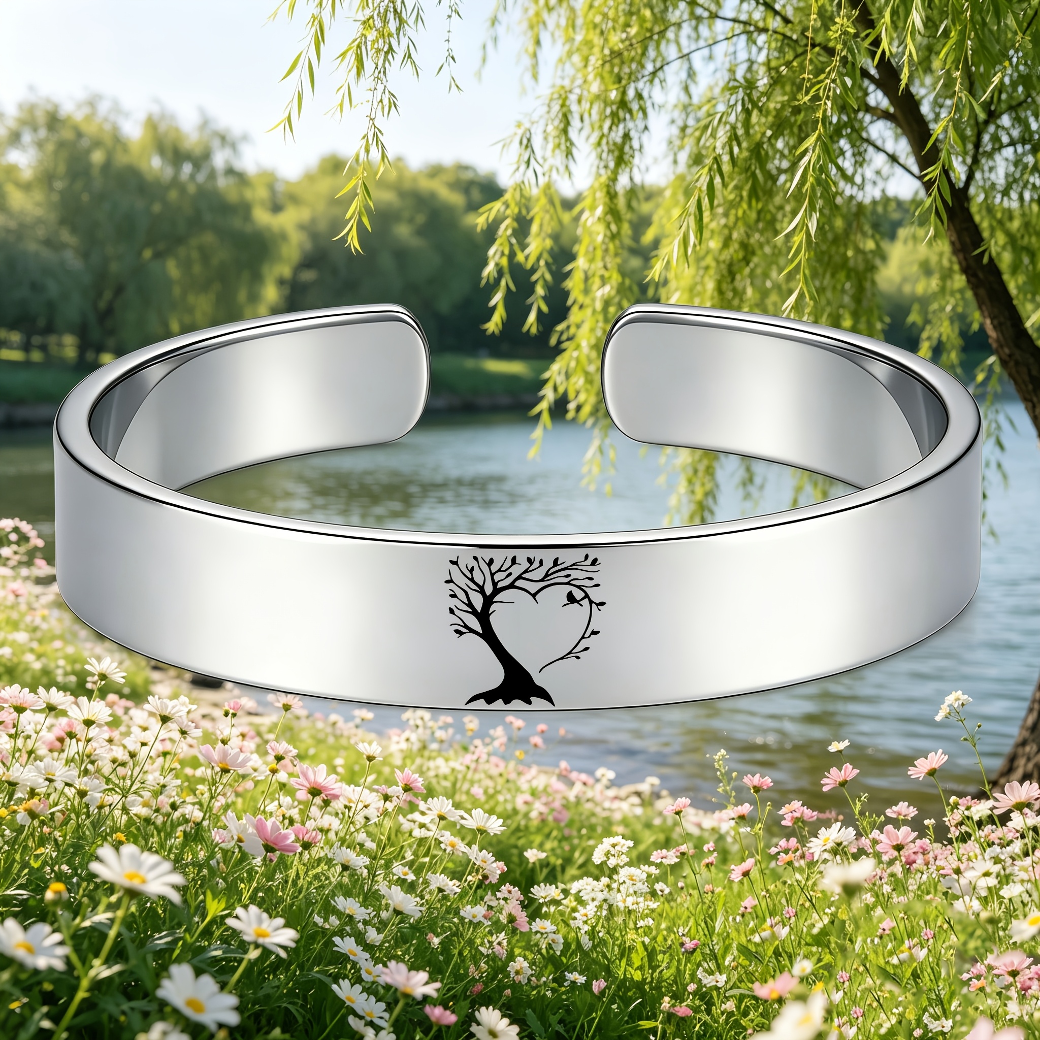 Heart Tree Pattern Waterproof 304 Stainless Steel Open Bangle